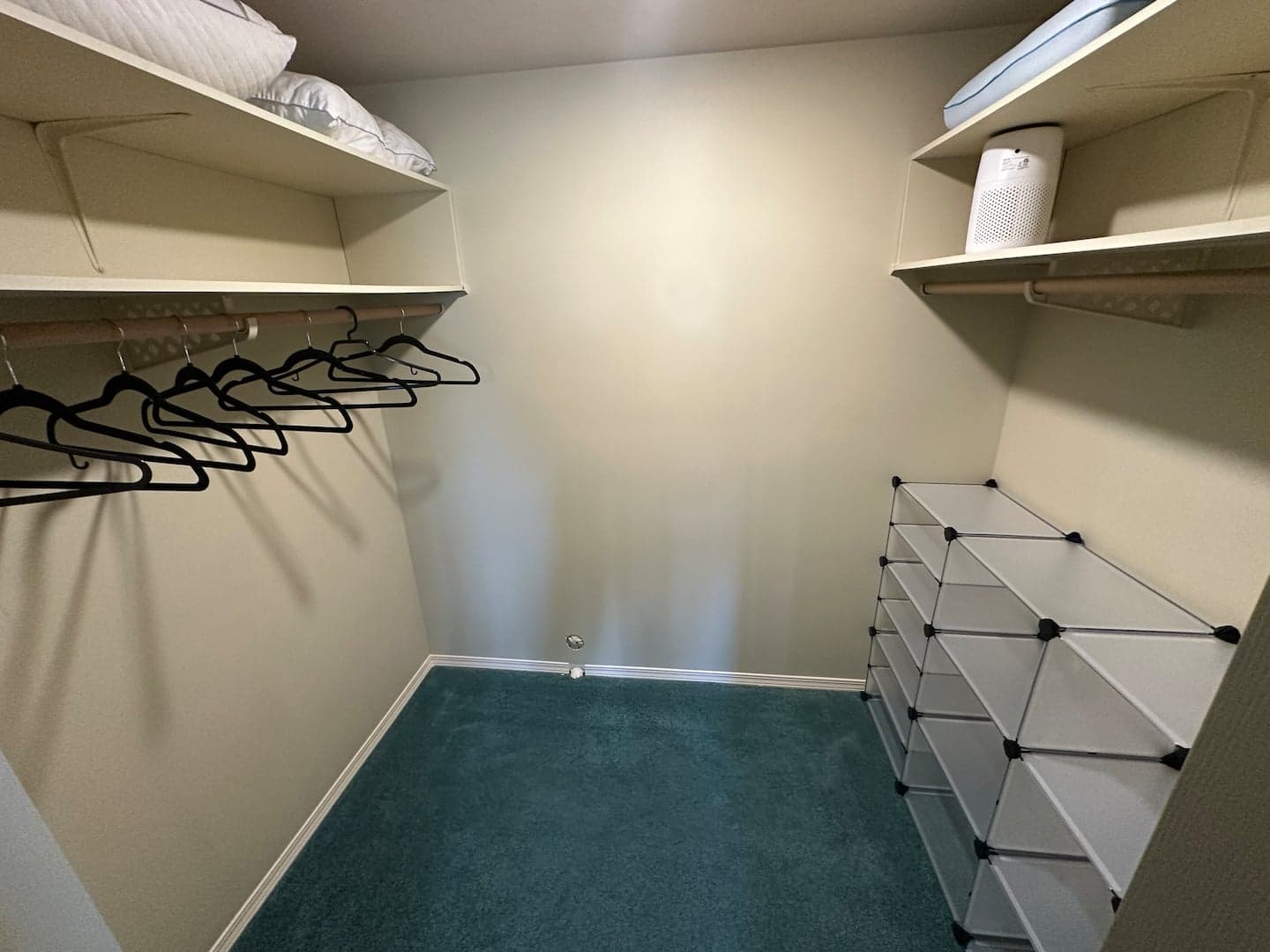 Walk-in closet with hangers and storage